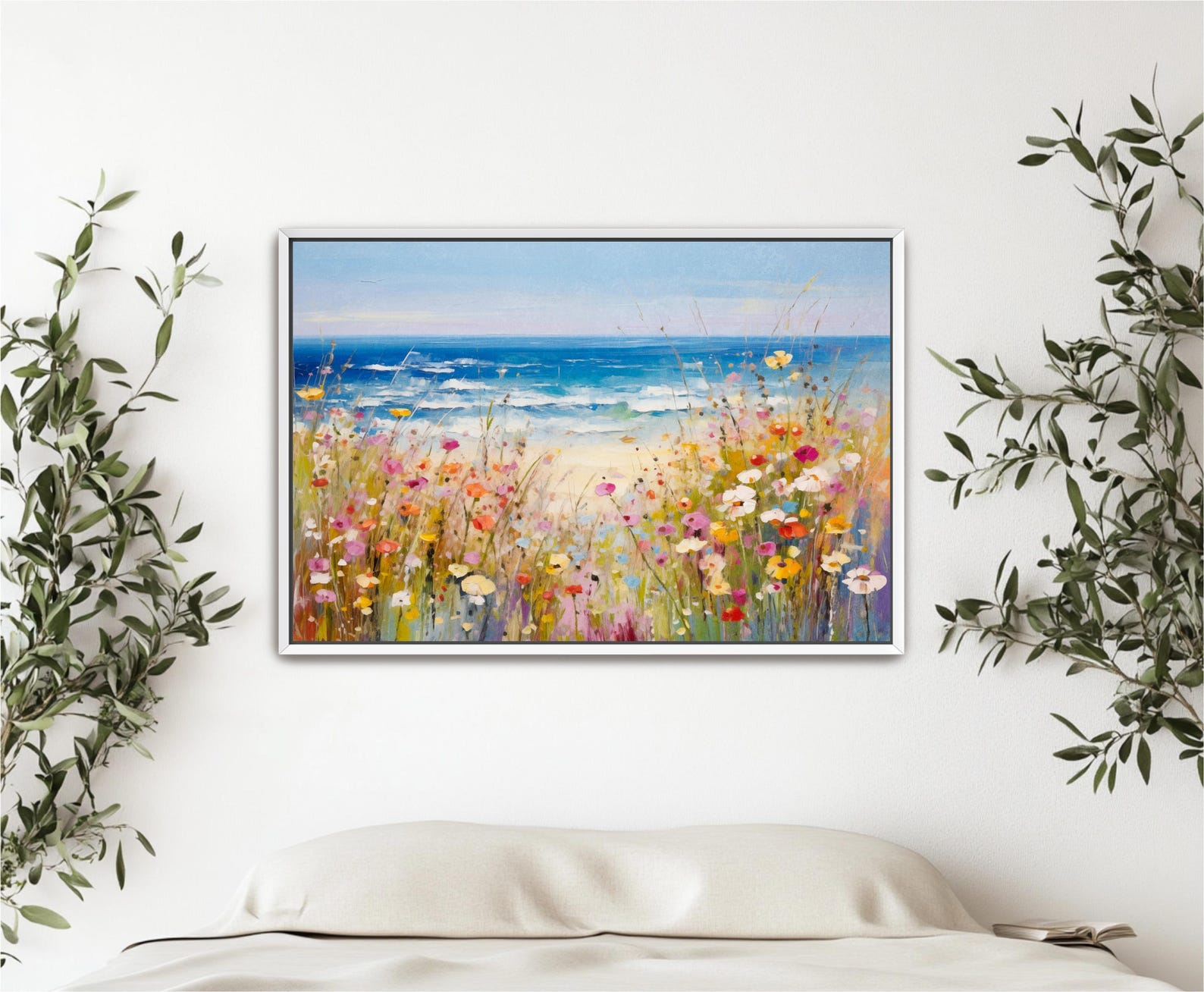 Coastal Wildflowers Colorful Framed Canvas Art, Spring Field Landscape ...