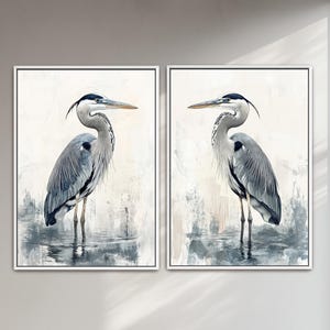 Blue Heron Art Set, Set of 2 Coastal Bird Prints, Fine Art Large Watercolor Framed Canvas Heron, Digital Painting  Coastal Decor, Beach