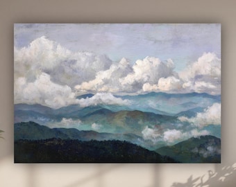 Smoky Mountains Clouds Framed Canvas Art, Vintage Landscape Painting, Wall Decor Artwork Blue Ridge National Park Artwork