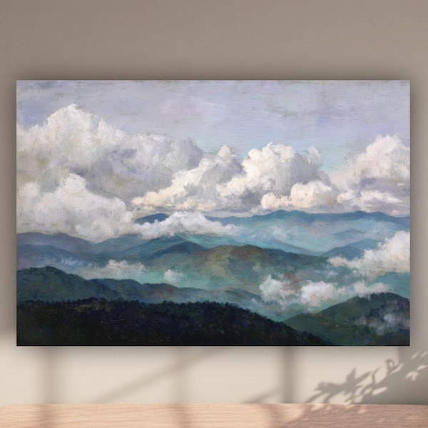 Smoky Mountains Clouds Framed Canvas Art, Vintage Landscape Painting, Wall Decor Artwork Blue Ridge National Park Artwork