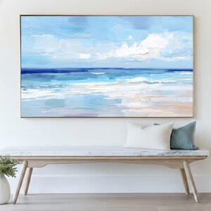 Coastal Beach Painting, Abstract Blue Ocean Wall Decor, Textured Effect Seascape Canvas Print, Modern Shore Cottage Home Artwork, Landscape