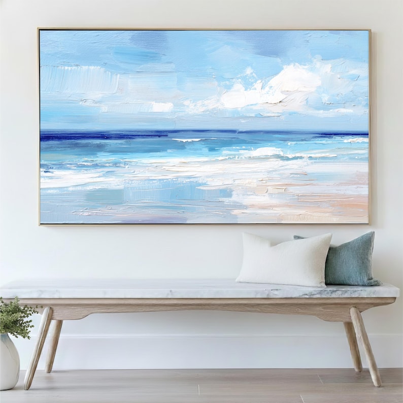 Coastal Beach Painting, Abstract Blue Ocean Wall Decor, Textured Effect Seascape Canvas Print, Modern Shore Cottage Home Artwork, Landscape