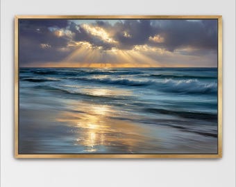 Ocean Sunset Framed Wall Art, Coastal Beach Painting Effect, Sun Rays Over Waves, Large Cloudy Seascape Artwork