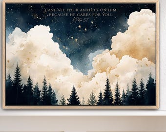 Cast All Your Anxiety on Him, Bible Verse Art, 1 Peter 5:7, Night Sky Mountains Clouds Stars, Scripture Art Christian Watercolor Painting