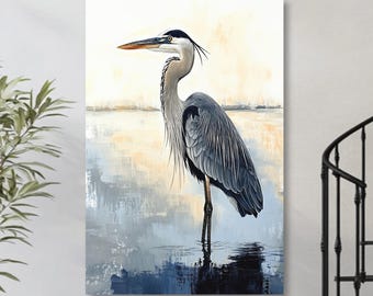 Blue Heron Coastal Bird Wall Art, Ready to Hang, Fine Art Large Watercolor Framed Canvas Heron, Painting Coastal  Cottage Decor, Beach