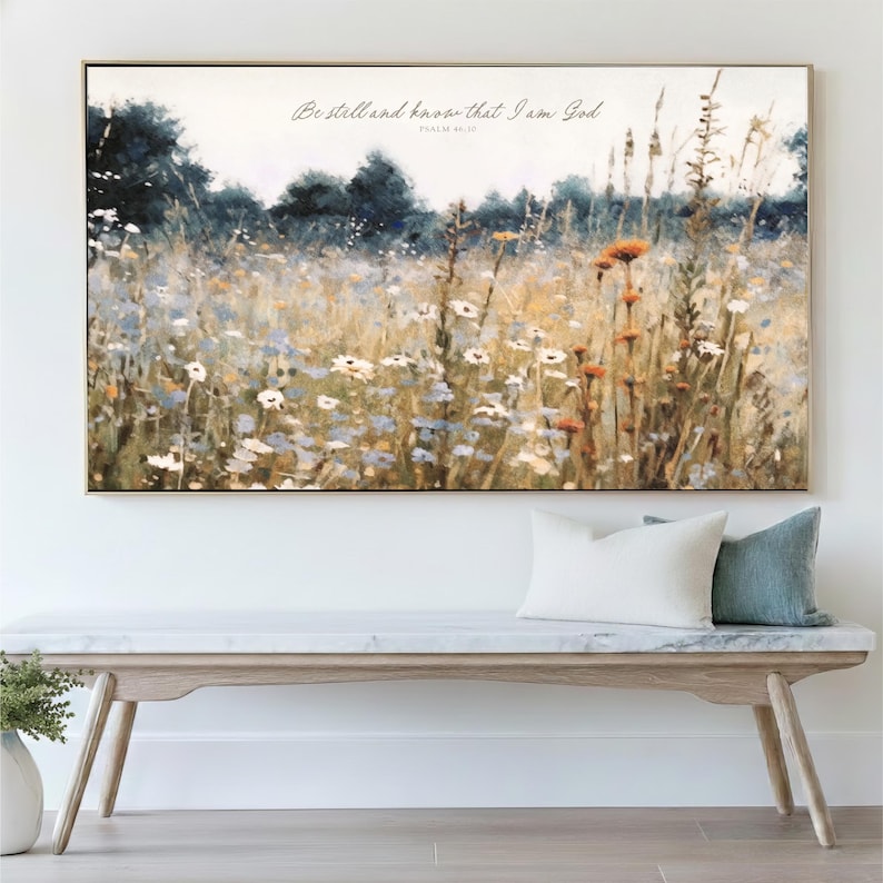 Scripture Artwork, Be Still And Know That I Am God, Psalm 46:10 Vintage Wall Art, Field Wildflowers Framed Ready To Hang, Canvas Print