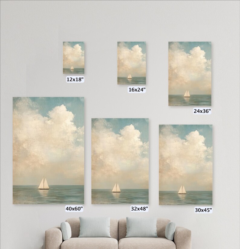 a collection of six framed paintings or prints of a seascape, each varying in size and framing. The paintings are arranged on a wall, with a couch or sofa in the foreground.