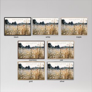 six different framed pictures of a field with tall grass and wildflowers, each with a different color frame.