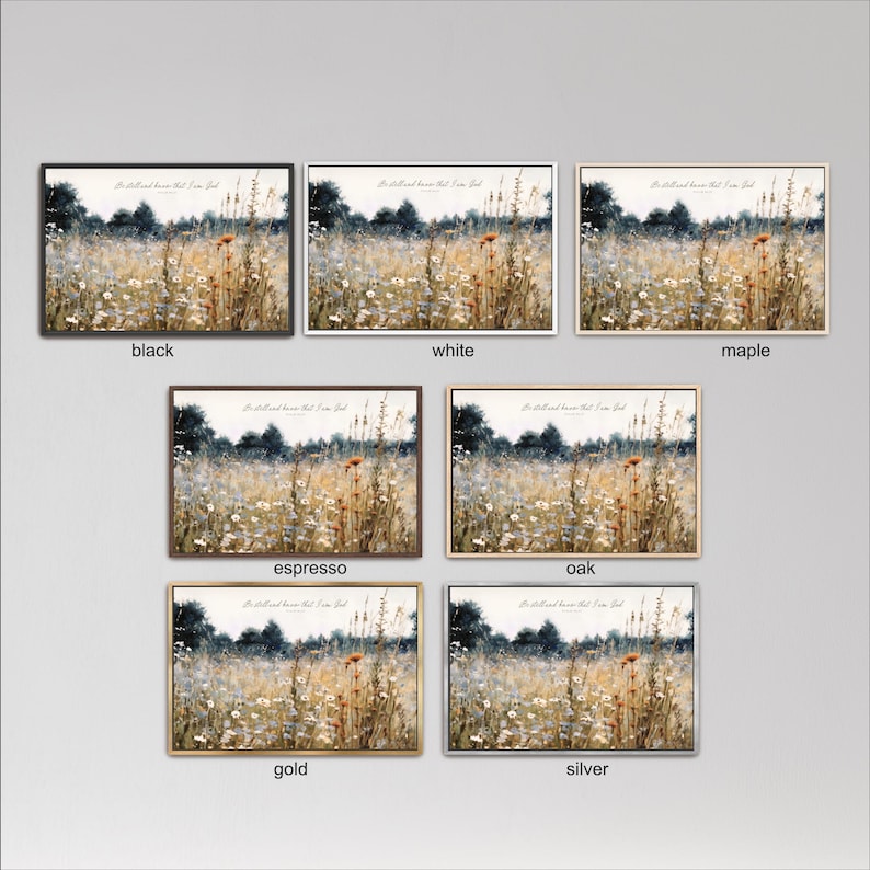 six different framed pictures of a field with tall grass and wildflowers, each with a different color frame.