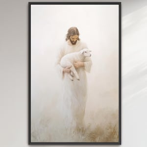 Jesus and Lost Sheep Framed Canvas,  Neutral Art, Jesus Leaves The 99 Lamb Minimalist Christian Wall Art Painting, Muted Good Shepherd