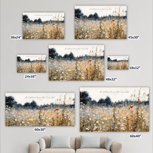 a collection of five framed landscape paintings depicting a field of flowers, with varying sizes and orientations.