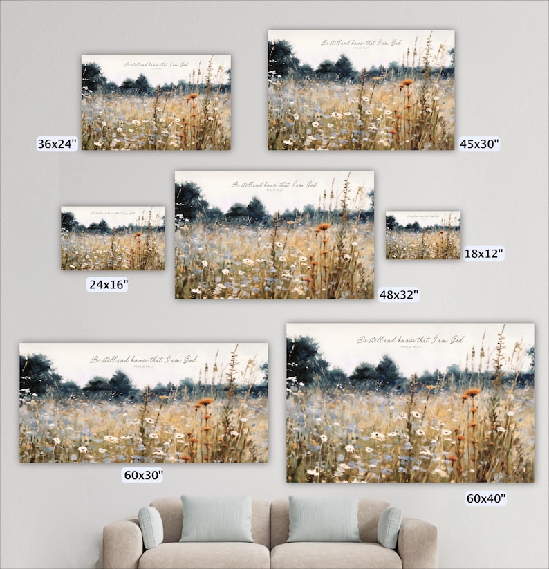 a collection of five framed landscape paintings depicting a field of flowers, with varying sizes and orientations.