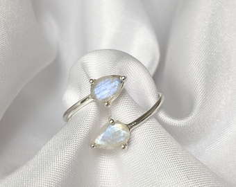 Handmade Sterling Silver Rainbow Moonstone Pear Bypass Ring