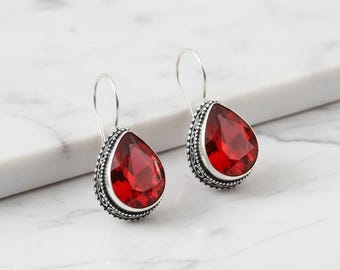 Pear Garnet Drop Earrings, Oxidized Sterling Silver, Vintage Style