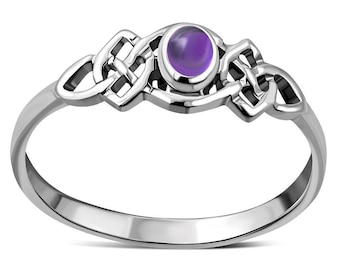 925 Sterling Silver Celtic Knot Amethyst Ring February Birthstone Oval Cabochon Gemstone Handmade Irish Jewelry for Women, Minimalist
