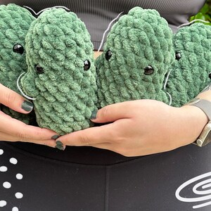 May include: Four green crocheted cactus-shaped plushies with black eyes and a white string attached to the top. The plushies are held in the hands of a person wearing a black shirt.