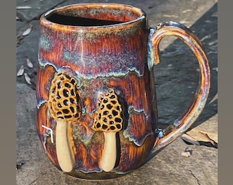 Handmade morel mushroom mug, 12 oz, handcrafted ceramic mushroom design, fairycore, cottage core, ceramic coffee mug