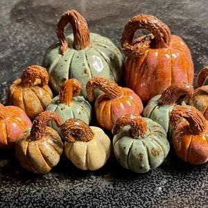 May include: A collection of twelve small, glazed ceramic pumpkins in various colours including sage green, burnt orange, tan, and cream. Each pumpkin features a distinct, textured brown stem and a glossy finish with visible surface variations.