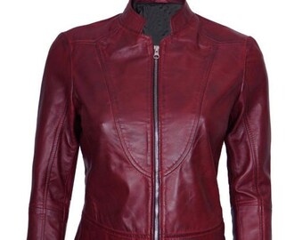 Real Sheepkskin Women Maroon Cafe Racer Leather Jacket | Burgundy Leather Jacket for Women | Oversize Jackets available