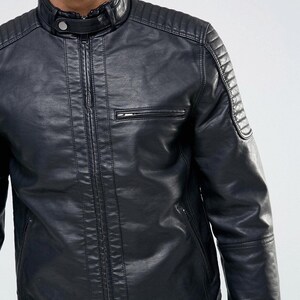 Genuine Leather Men&#39;s Biker Jacket with Racer Black Neckline - Stylish & Durable Motorcycle Jacket | Genuine Leather Mens Biker Jacket