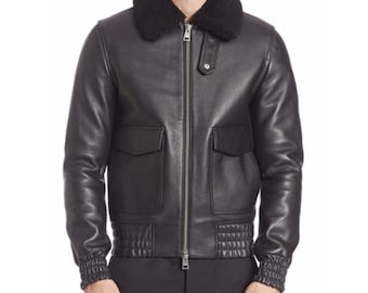 Chaqueta bomber de cuero con cuello de piel hecha a mano / Chaqueta negra elegante y elegante para hombre / Chaqueta bomber de cuero negro para hombre