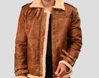 Chaqueta de cuero marrón con cuello de piel para hombre / chaqueta de cuero genuina hecha a mano para hombres