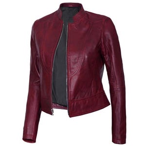 Echte Schaffell Frauen Kastanienbraun Cafe Racer Lederjacke | Burgunder Lederjacke für Frauen | Oversize Jacken erhältlich
