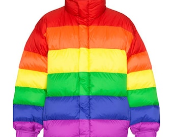 Embrace the Spectrum: Unisex Rainbow Puffer Jacket - Warmth & Style in Every Color | Plus Size Available