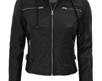 Womens Black Quilted Cafe Racer Leather Jacket with Hood | Oversize Jackets available