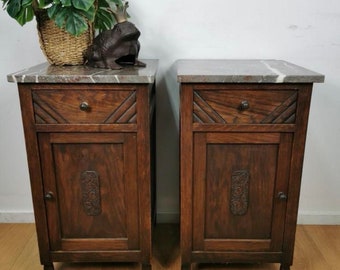 Ensemble de table de chevet Français antique | Dessus en marbre gris