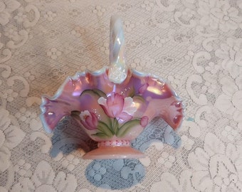 Fenton opalescent crested Rosalene glass tulip basket