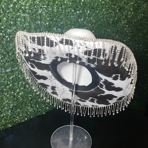 Cow Print Rhinestone Fringe Cowgirl Hat, Bachelorette Hat, Western Hat, Nashville Hat
