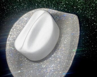 Signature White & Silver Rhinestone Cowgirl Hat, Bachelorette Hat, Western Hat, Nashville Hat, Bling Hat, Bride/Wifey Hat, Cowboy Hat,