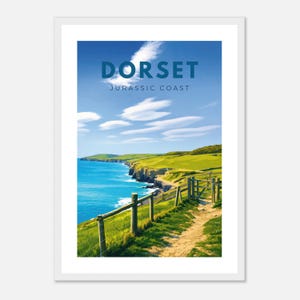 Purbeck Dorset Travel Poster, Vintage Jurassic Coast Wall Art Print, English Seaside Landscape Decor, UK Coastal Artwork