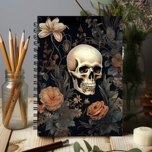 Schädel und Blumen Journal, dunkles Academia Notizbuch, Goth Aesthetic Spiral Bound Journal, Book Log