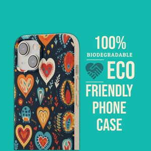 Custodia per telefono con cuori colorati messicani, biodegradabile ecologica per iPhone e Samsung