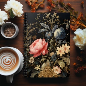 Dark florals, witchy vibe, dark academia journal, spiral bound journal, book log, lined notebook