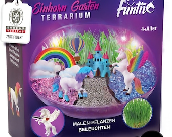 Einhorn Terrarium Kit: Bemalbare Figuren, Regenbogen Lichter, Samen wachsen