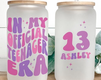 In My Official Teenager Era Ice Coffee Cup, In My Teenager Era 13th Birthday Gift Girl, 13 Years Old Gift Teenager Era Party Favor Glass Cup