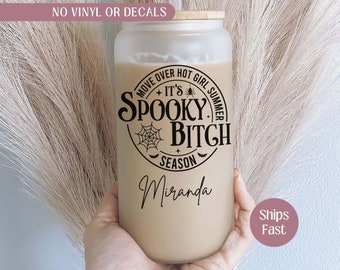 Personalized Halloween Spooky Bitch Glass Tumbler, Funny Halloween Glass Cup, Move Over Hot Girl Summer It's Spooky Bitch Season Glass Mug