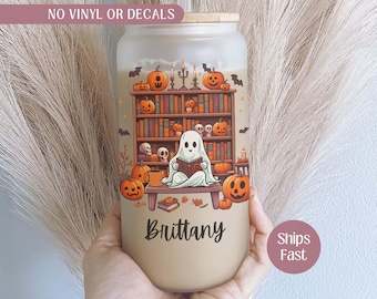 Personalized Ghost Glass Cup, Halloween Ghost Glass Tumbler, Ghost Reader Glass Can, Spooky Ghost Iced Coffee Cup, Cute Ghost Halloween Gift