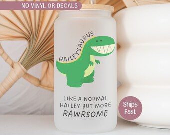 Personalized Dinosaur Glass Tumbler, Dinosaur Lover Glass Cup, Custom Dinosaur Party Favor, Dinosaur Kid Gift, Cute Dinosaur Birthday Gift
