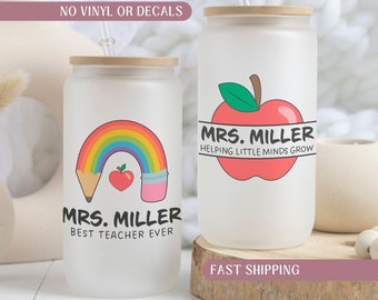 Personalized Teacher Glass Cup, Custom Teacher Glass Tumbler, Back to School Teacher Appreciation Gift, Teacher Iced Coffee Cup, Teacher Cup