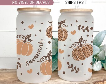 Pumpkin Iced Coffee Cup Personalized Pumpkin Glass Cup, Fall Season Gift, Cute Pumpkin Glass Mug, Leopard Pumpkin Glass Tumbler, Fall Cup