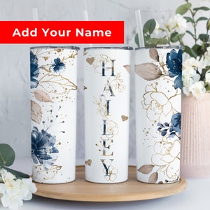 Personalized Floral Tumbler Gift for Her, Floral Skinny Tumbler, Flower 20 oz Tumbler, Floral Name Tumbler with Straw, Blue Floral Tumbler