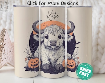 Halloween Highland Cow Tumbler Personalized Halloween Pumpkin Gift, Cute Halloween Cow Travel Cup, Highland Cow Pumpkin Lover Halloween Gift
