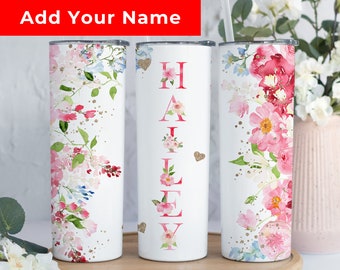 Personalized Floral Tumbler with Name, Custom Floral Tumbler Gift for Her, Floral Skinny Tumbler with Straw, Pink Flower Tumbler for Spring