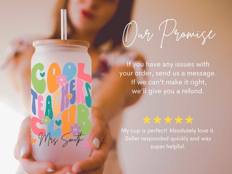 May include: A white tumbler with a straw, featuring a colorful graphic that says "Cool Teachers Club" and the name "Mrs. Smith".