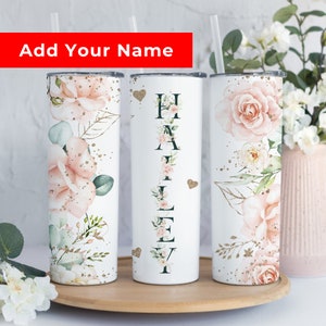 Floral Custom Tumbler Gift for Her, Personalized Floral Tumbler with Straw and Lid, Floral Skinny Tumbler, Pink Floral Tumbler with Name