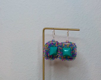 Rainbow beaded earrings with vintage cabochon - handmade bead embroidery earrings